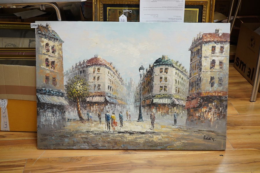 Burnett, Impressionist street scene with figures, signed, oil on canvas, unframed, 61 x 91cm
